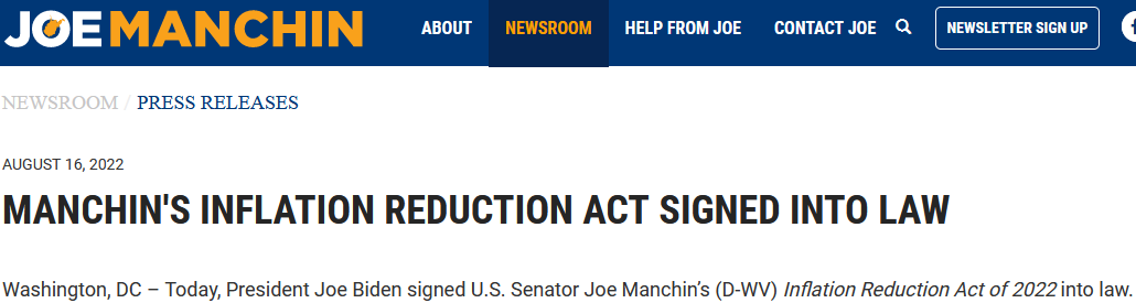 Manchin Press Release Titled 'Manchin’s Inflation Reduction Act Signed into Law'